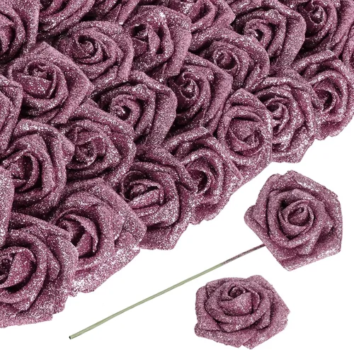 Miniatura 19 de Flores negras con purpurina, 30 unidades, flores artificiales con purpurina, rosas de espuma con tallo, flores sintéticas para bricolaje, ramo