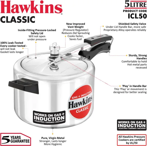 Miniatura 3 de Hawkins Olla a presión clásica de aluminio, cocina de tapa interior de inducción, olla de sartén, mejor cocina, plata Icl50 5 litros