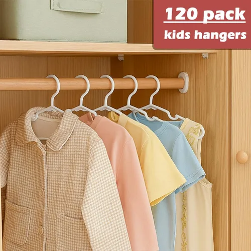 Miniatura 3 de Perchas para ropa de bebé, paquete de 120 perchas de plástico blanco para niños, 11.5 pulgadas, ahorro de espacio, antideslizantes, para bebés
