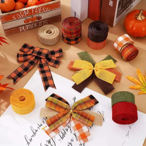 Miniatura 4 de Whaline 10 rollos de cinta de arpillera a cuadros de otoño de 50 yardas de 1 pulgada de cinta decorativa para otoño, Acción de Gracias