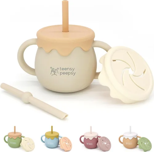 Miniatura 10 de Tarro de Miel Pot 3 en 1 Taza de Entrenamiento de Silicona de 8.5oz, Taza para Sorber para Bebé con Popote y Tapa para Snacks para 6 meses+ Taza