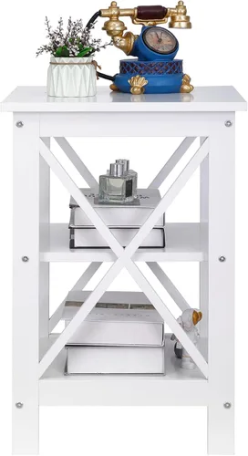 Miniatura 6 de ZENY Juego de 2 mesas auxiliares, estante de almacenamiento lateral para sofá, mesa auxiliar de madera versátil con diseño X, sala de estar, Blanco
