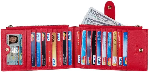 Miniatura 3 de Travelambo Billetera para mujer con bloqueo RFID plegable para múltiples tarjetas con bolsillo con cremallera, Rojo -, Minimalista