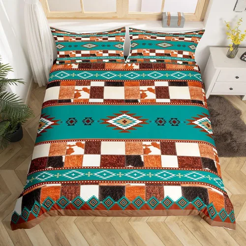 Miniatura 14 de Erosebridal Funda de edredón de piel de vaca marrón con estampado de vaca de las tierras altas, juego de ropa de cama occidental exótico azteca