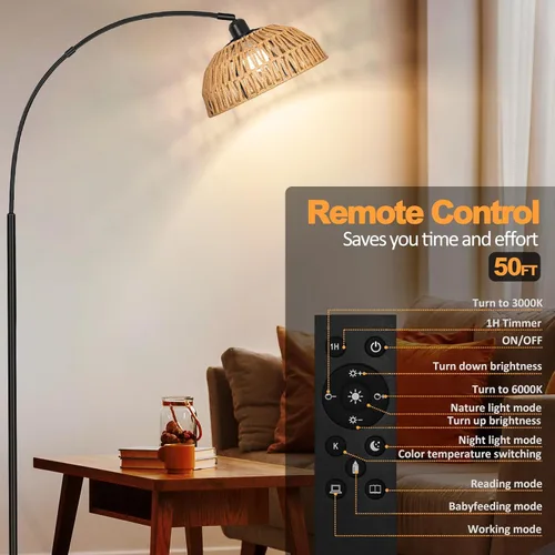 Miniatura 3 de Lámpara de pie de ratán: modernas lámparas de pie negras con control remoto y bombilla regulable continua, funciona a mano, pantalla de ratán