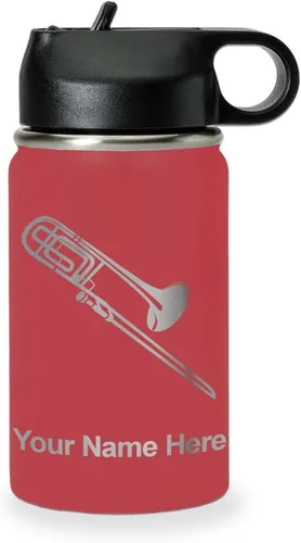 Miniatura 25 de LaserGram Botella de agua personalizada, trombón, acero inoxidable de doble pared aislada al vacío con popote superior, regalo grabado personalizado