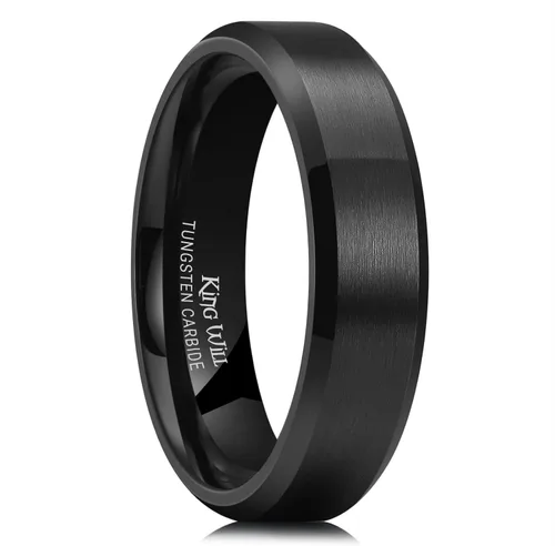 Miniatura 129 de King Will Anillo de boda de tungsteno para hombre, disponible en 15/64 a 25/64 de pulgada (6 a 10 mm), negro/plata, acabado mate, borde pulido