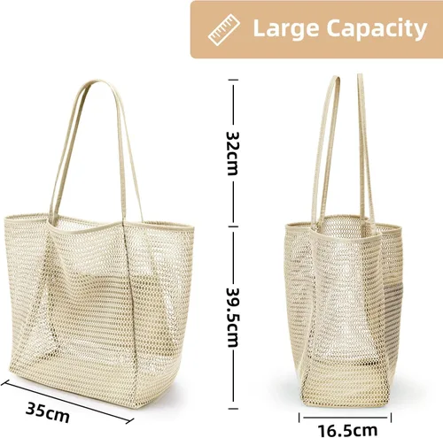 Miniatura 5 de KALIDI Bolsa de mano de malla de nailon para playa, bolso de mano casual para mujer, plegable MAX 23L, bolso de hombro para vacaciones de picnic