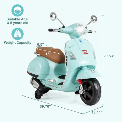 Miniatura 7 de OLAKIDS - Scooter Vespa con licencia para niños, motocicleta eléctrica de 12 V con ruedas de entrenamiento, luces LED, cuerno de modo historia Verde