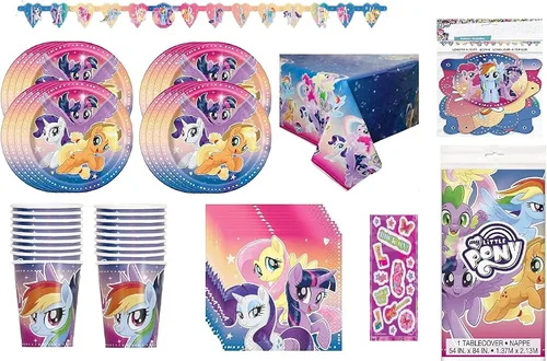 My Little Pony - Paquete de 16 suministros para fiesta de cumpleaños, incluye platos, vasos, servilletas, cubierta de mesa, pancarta de feliz