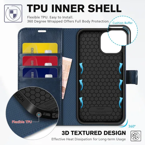 Miniatura 4 de TUCCH Funda tipo cartera para iPhone 13 de 6.1 pulgadas, [Bloqueo RFID] [Ranura para tarjeta] Carcasa protectora interior de TPU, funda magnética