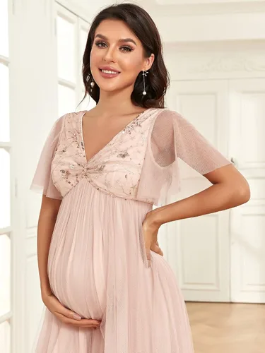 Miniatura 5 de Ever-Pretty Vestido de maternidad para sesión de fotos de maternidad con cuello en V y lentejuelas plisadas con mangas con volantes para mujer