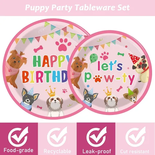 Miniatura 3 de Juego de 98 piezas de decoración de fiesta de cumpleaños de perro, juego de vajilla para cachorros, platos, servilletas, mantel con temática