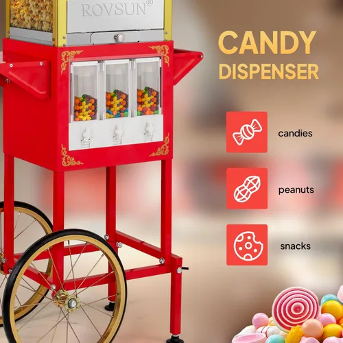 Miniatura 3 de Máquina de palomitas de maíz ROVSUN estilo cine con carrito y ruedas, hervidor de 8 onzas, hace hasta 32 tazas de palomitas, con dispensadores