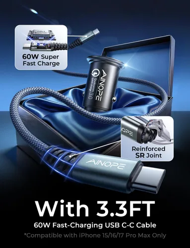 Miniatura 7 de AINOPE Cargador de coche de 67.5 W USB C de carga rápida, PD 45 W USB C cargador de coche carga rápida 【Mini y metal】 Adaptador de encendedor