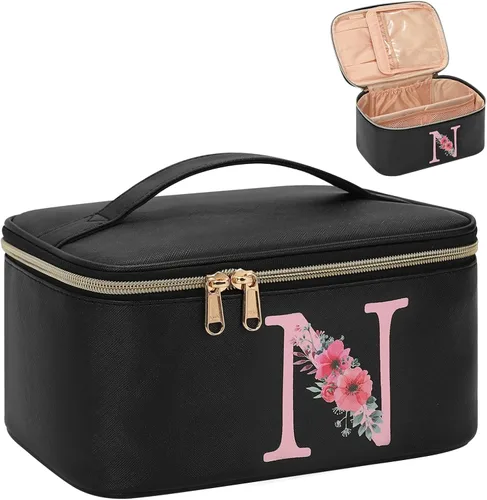 Miniatura 52 de OCHEAL Bolsa de maquillaje personalizada, bolsa de maquillaje beige para mujer, kit de aseo de viaje con monograma, organizador de cosméticos listo