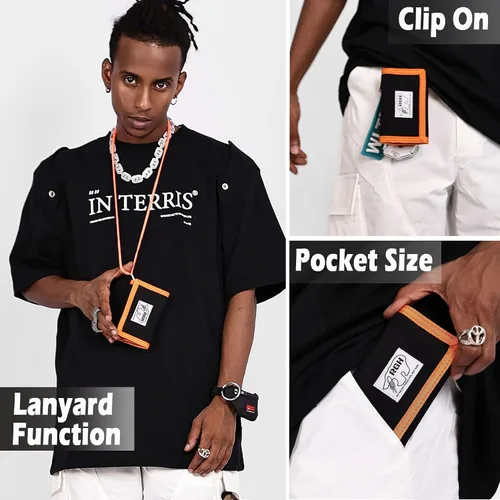 Miniatura 2 de Rough Enough - Cartera para niños y adolescentes con cordón para el cuello, llavero en lona negra, Negro -, Billetera triple para niños con clip