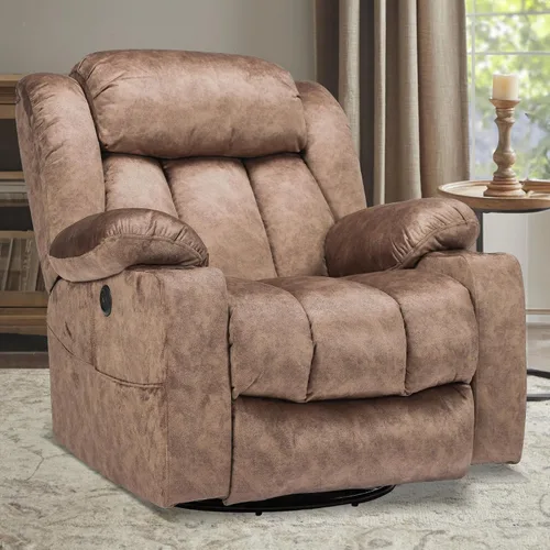Miniatura 8 de Silla reclinable giratoria con calor y masaje, mecedora manual mecedora reclinable, silla giratoria de 360° con 2 portavasos, bolsillos laterales