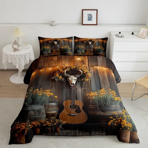 Miniatura 10 de Castle Fairy Juego de edredón de botas de vaquero, tamaño individual, juego de ropa de cama bohemio con guitarra musical para niños y niños