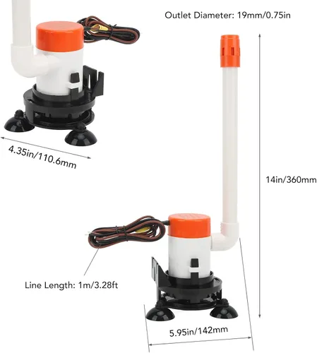 Miniatura 2 de Baitwell Bomba de 12 V 350 GPH 12 V Livewell Bomba aireadora de cebo sumergible portátil inferior para barco marino, bomba de pozo de vida, bomba