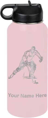 Miniatura 56 de LaserGram Botella de agua personalizada, jugador de hockey, acero inoxidable de doble pared aislada al vacío con popote superior, regalo grabado
