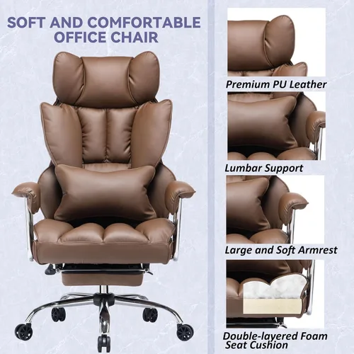 Miniatura 4 de Efomao Silla de oficina ejecutiva para personas pesadas, silla de respaldo alto con reposapiés, silla de oficina de piel sintética ajustable en Café