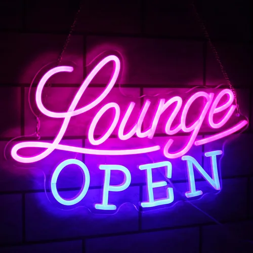 Letrero de neón con texto en inglés "Lounge Abierto" VIP Lounge, luz de neón, rosa y azul, letra LED, regulable, letreros de negocios, letreros Rosa