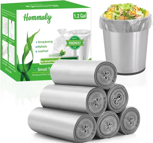Hommaly 1.2 galones 240 piezas Bolsas de basura pequeñas gris plateado, bolsas de basura resistentes, forros de basura sin olor para canasta de