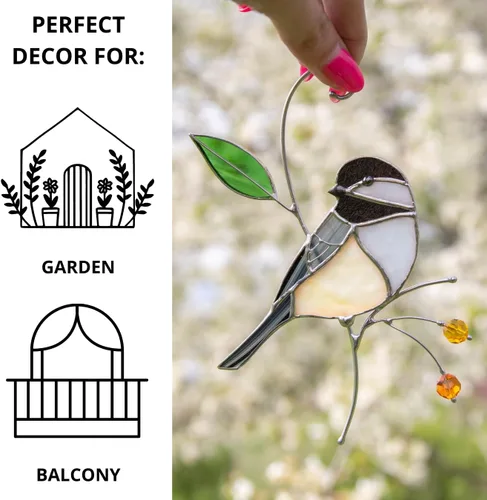 Miniatura 3 de Atrapasoles de Vidrio Emplomado Hechos a Mano de Carbonero Gift Birds, Vidrio Emplomado Genuino para Ventana Colgante, Ornamento Único