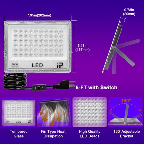 Miniatura 5 de Eleganted Paquete de 2 luces LED negras de 50 W, potentes luces negras UV con enchufe, IP66 impermeable, luz negra UV de 395-405 nm para iluminación