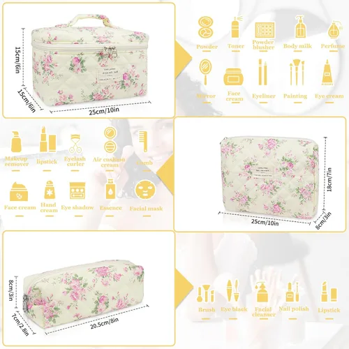 Miniatura 2 de Set de bolsas de maquillaje, bolsa de maquillaje acolchada, bolsa de cosméticos floral grande para mujeres, lindas bolsas de maquillaje de algodón