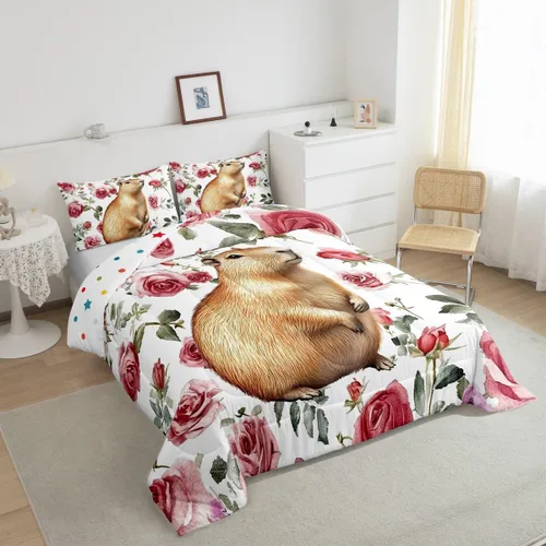 Miniatura 3 de Erosebridal Wild Capybara - Juego de cama de tamaño Queen romántico con diseño de rosas y flores, color rojo, lindo juego de cama con temática