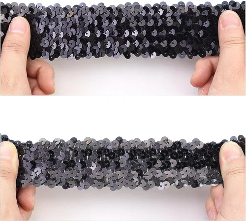 Miniatura 3 de Cinta elástica de lentejuelas de 1.6 pulgadas de ancho, ribete de lentejuelas metálicas negras, encaje elástico de 5 yardas para coser ropa, Plata