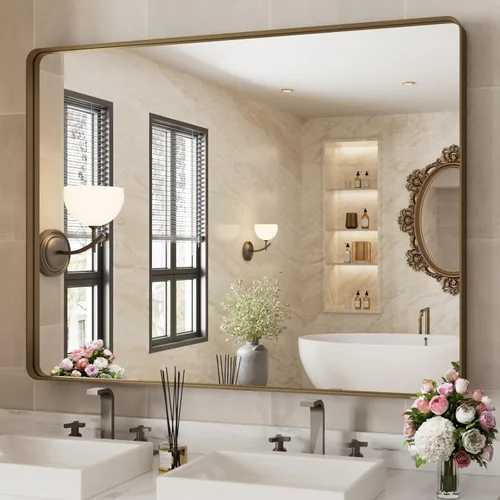 Miniatura 28 de WEER - Espejo de baño dorado, espejo de 40x32 pulgadas con marco de metal dorado cepillado, espejo de tocador de baño de oro para pared