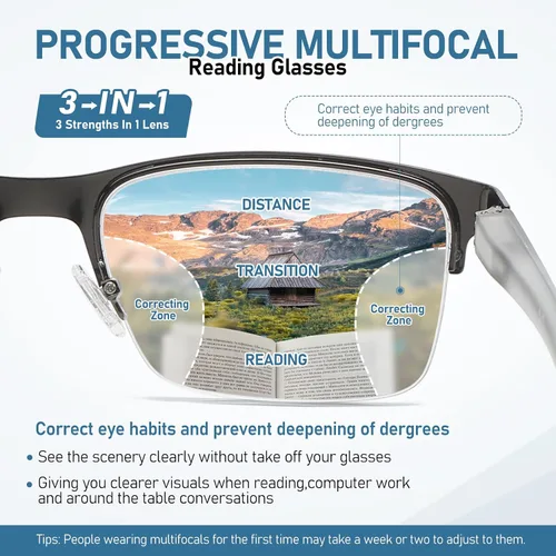 Miniatura 7 de LKEYE Gafas de lectura multifoco para hombre, sin línea, lector multifocal progresivo, luz azul, marco de metal, lentes trifocales