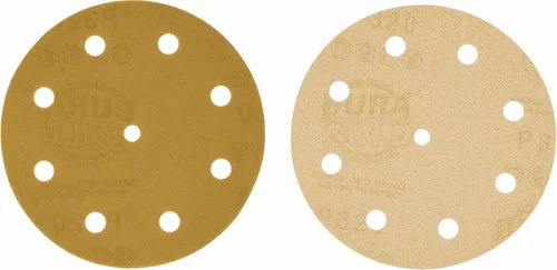 Miniatura 2 de Dura-Gold Discos de lijado dorados de 5 pulgadas de alta calidad, grano 320 (caja de 50), papel de lija de 9 agujeros sin polvo con gancho y bucle