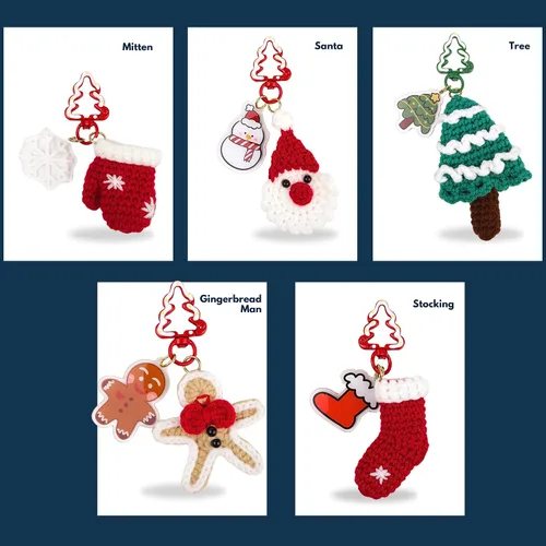 Miniatura 6 de Needzo Kit de ganchillo de llavero de Navidad, Amigurumi navideño, todos los suministros incluidos, tutoriales en video paso a paso, 5 diseños