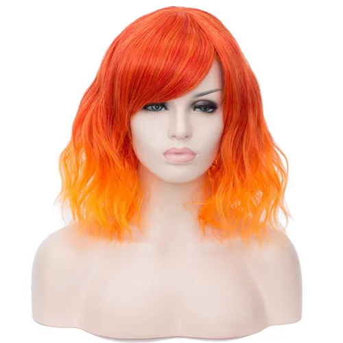 Miniatura 6 de BUFASHION Peluca rizada corta ondulada de 14 pulgadas para mujer, peluca sintética para cosplay, Halloween, peluca con flequillo lateral (negro)