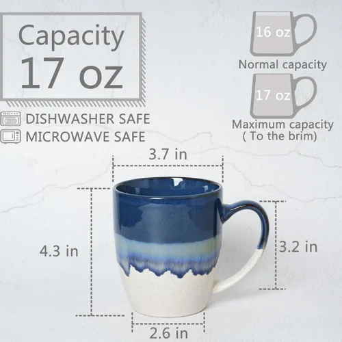 Miniatura 2 de Bosmarlin Juego de 4 tazas de café de cerámica, 17 oz, tazas de café con asa grande, aptas para microondas, esmalte reactivo único Azul profundo