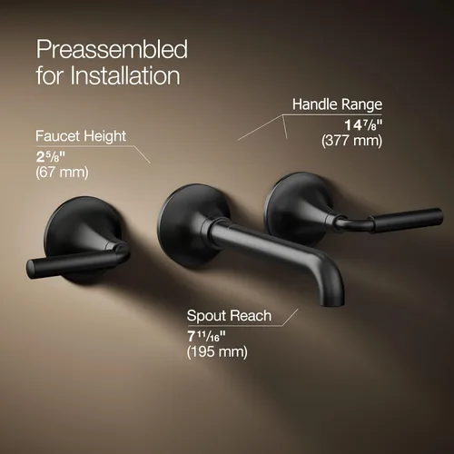 Miniatura 4 de Kohler T26439-4-BL - Juego de grifo de lavabo de baño de montaje en pared, grifo de baño con dos manijas de palanca, negro mate