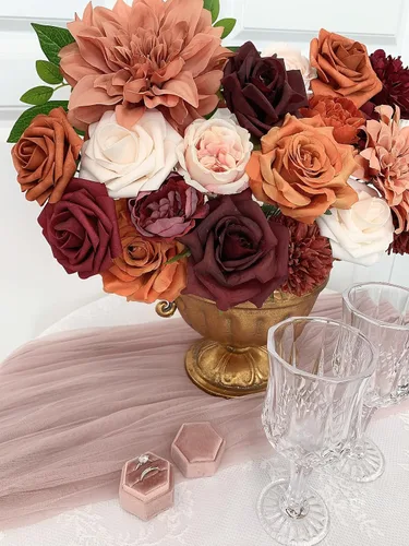 Miniatura 5 de FACINOC Ramos de Rosas Artificiales Naranjas, Juego de Caja de Flores Artificiales con Tallos para DIY, Bodas, Despedidas de Soltera, Decoraciones