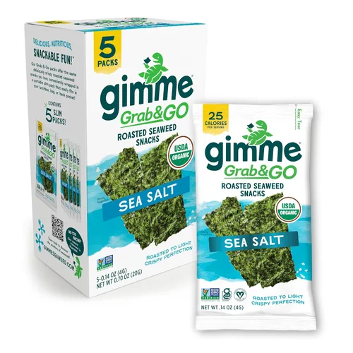 Gimme Seaweed Grab & Go - Bocadillos de Algas Marinas Tostadas Orgánicas Premium, Sal Marina, 5 Unidades Sin Bandeja, Keto, Vegano, Sin Gluten, Gran