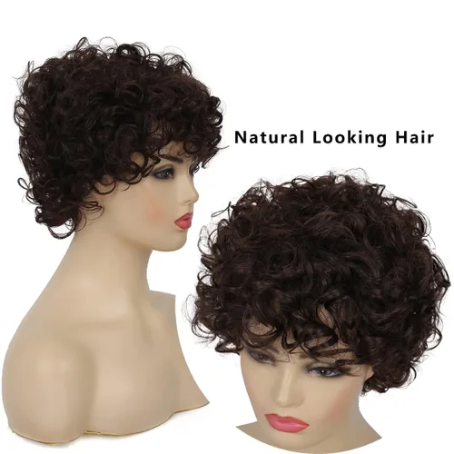 Miniatura 4 de Pelucas cortas y rizadas marrones para mujer, aspecto natural, peluca de pelo sintético marrón para cosplay