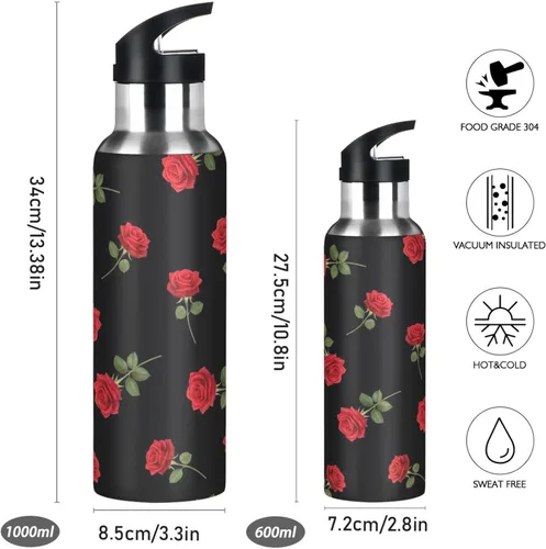 Miniatura 2 de Red Roses Green Leaves Black Insulated Water Bottle 32 Oz, BPA-Free Sports Water Bottle with Straw Leakproof Water Bottles
