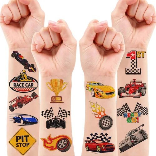 Miniatura 7 de 96 piezas de calcomanías temporales precortadas de autos de carreras, bandera a cuadros, decoración de fiesta de cumpleaños, regalos para niños