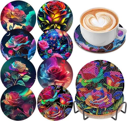 8 piezas de posavasos de arte de diamante con soporte, posavasos de arte de diamante DIY con flores de peonía y rosa de aceite para bebidas, kits de