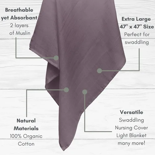Miniatura 2 de MOZAH Mantas de muselina orgánica, 100 % algodón para niñas y niños, manta receptora, paquete de 2 mantas para envolver al bebé para guardería Malva