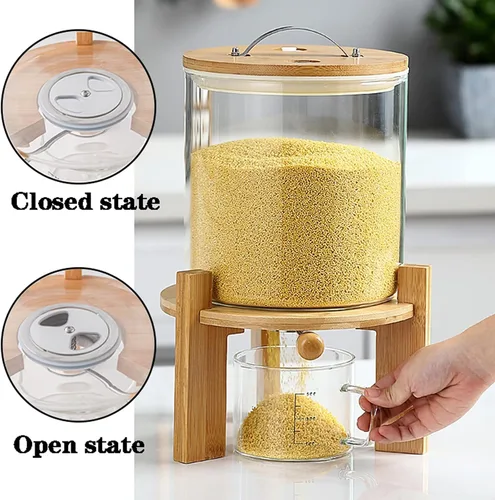 Miniatura 4 de Dispensador de arroz de vidrio con soporte de madera, tarros dispensadores de cereales para el hogar, harina de cocina, grano de azúcar, juego