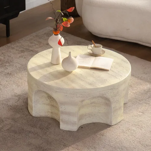 Miniatura 12 de Ø35.43'' Mesa de café redonda para sala de estar, moderna mesa de café en forma de tambor, material de fibra de vidrio, sin ensamblaje, beige