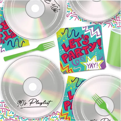 Miniatura 5 de Suministros para fiestas de los 90 – Platos llanos de papel CD de los 90's Mix y servilletas Let's Party (Serves 16)